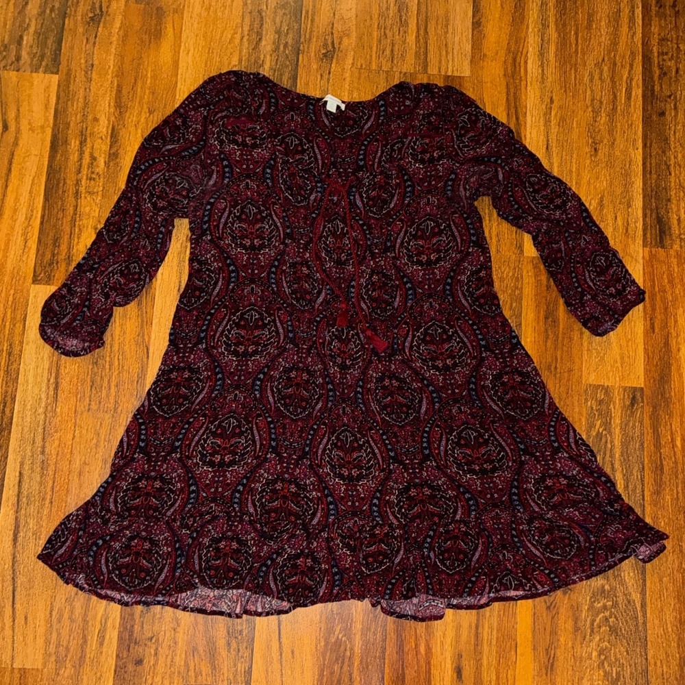 American Eagle Paisley Mini Dress Burgundy Navy Boho Tassel Tie L